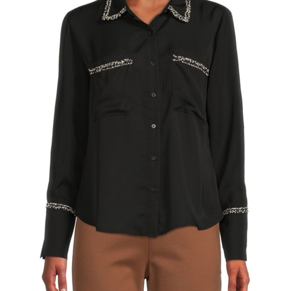 Laundry by Shelli Segal Long Sleeve Button Front Egret Blouse Boucle Trim M NWT - Picture 4 of 9